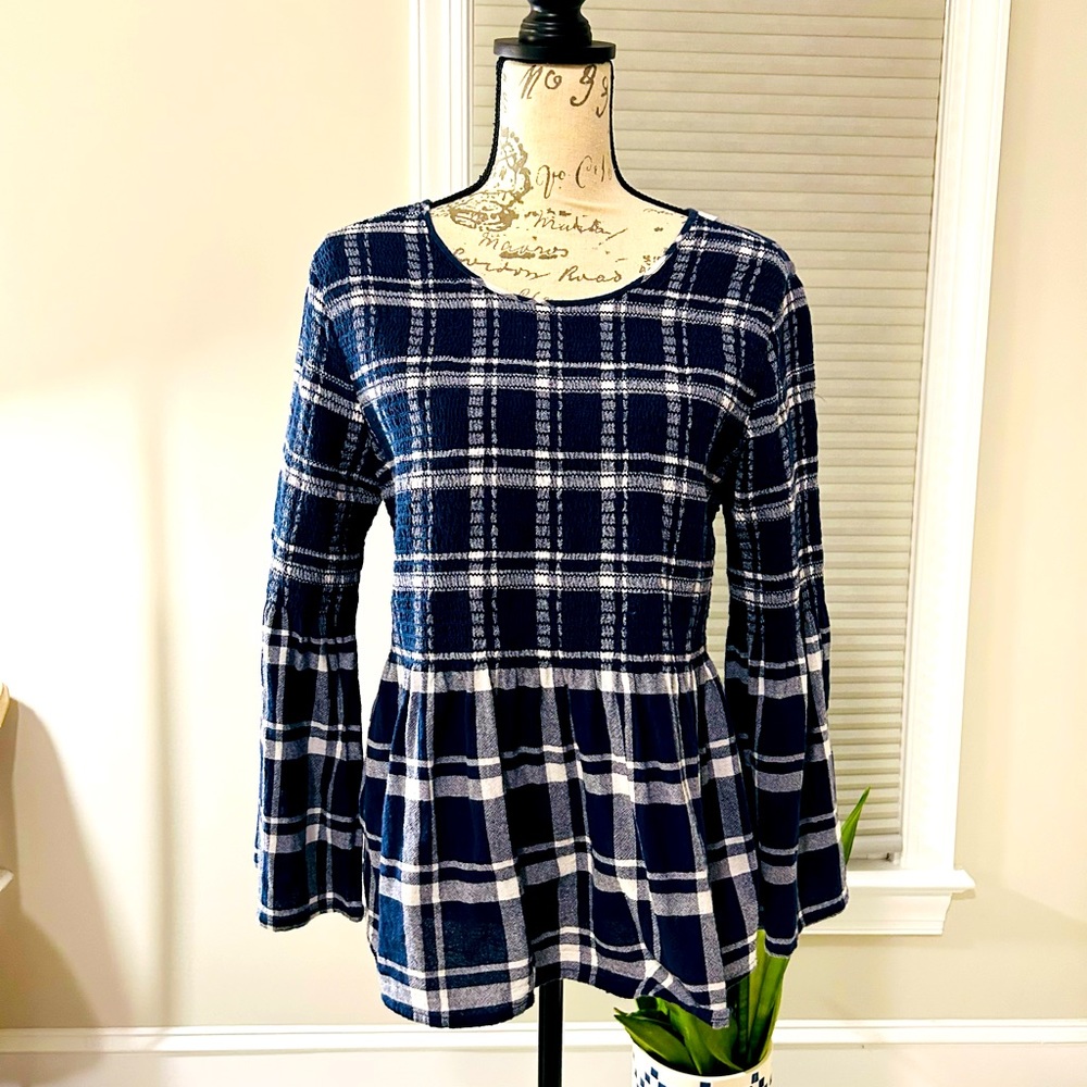 Plaid Bell sleeve smocked top